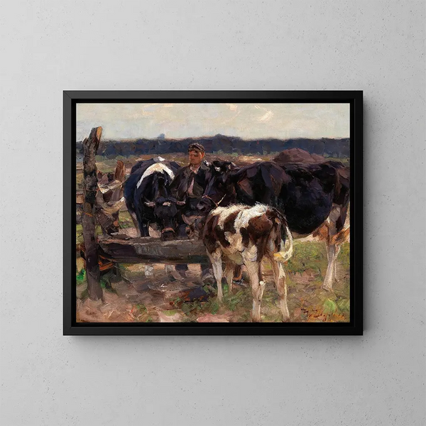 a painting of a shepherd with cows near a watering trough - Heinrich von Zügel — framed artwork on a wall