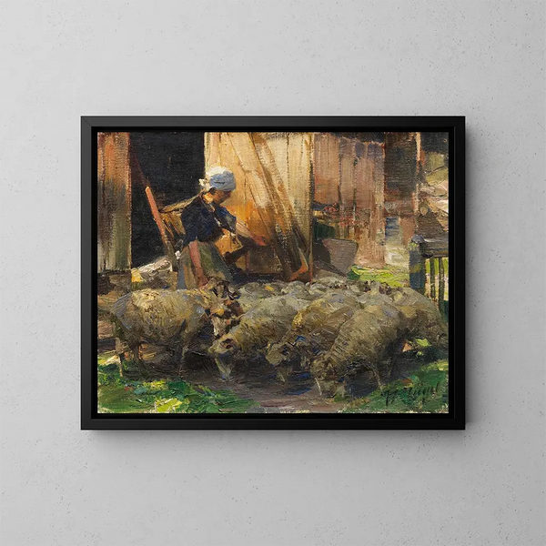 Shepherdess with Sheep - Heinrich von Zügel — framed artwork on a wall