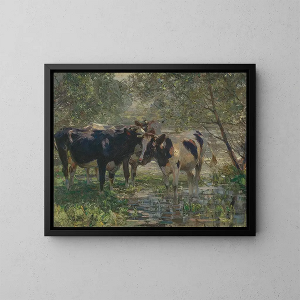 Trois vaches au bord d'une rivière - Heinrich von Zügel — framed artwork on a wall