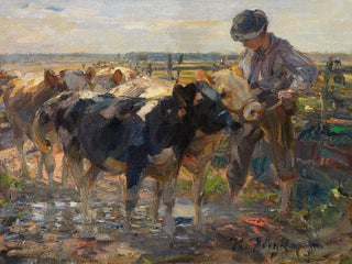 van Bergère avec veaux - Heinrich von Zügel | Schilderij — weergave van het kunstwerk