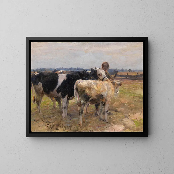 Bergère with three calves - Heinrich von Zügel — framed artwork on a wall