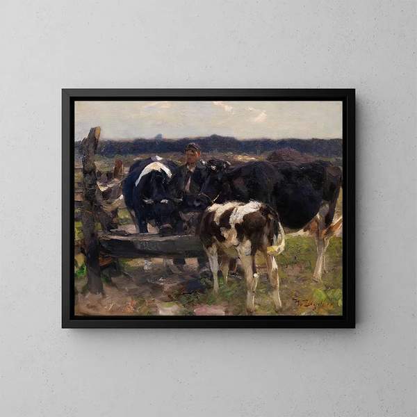 Khe et le berger à l'abreuvoir - Heinrich von Zügel — framed artwork on a wall