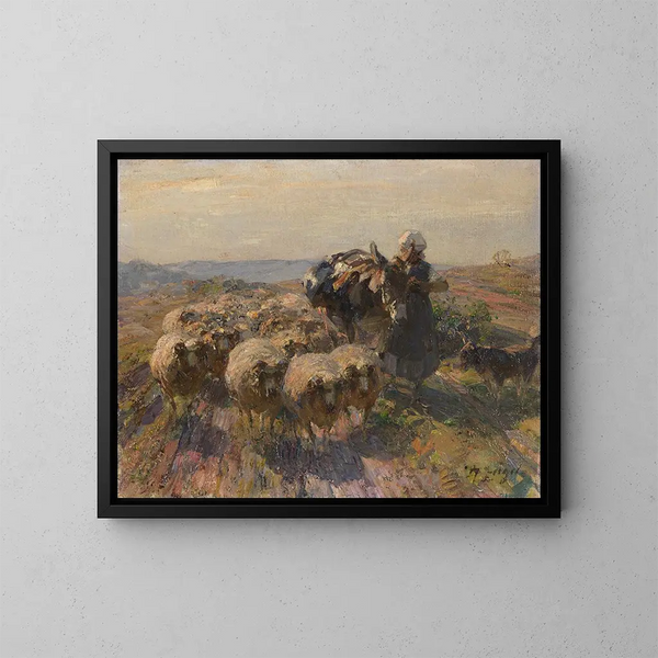 Herd of sheep with shepherdess and donkey in the field - Heinrich von Zügel — framed artwork on a wall
