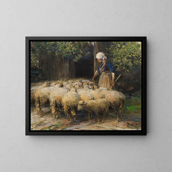Shepherdess with a flock of sheep near the barn - Heinrich von Zügel — framed artwork on a wall