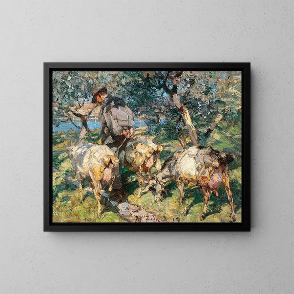 Shepherds with goats on the way to water - Heinrich von Zügel — framed artwork on a wall