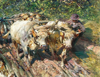 van Twee runderen die een kar trekken in Bolzano München - Heinrich von Zügel — weergave van het kunstwerk