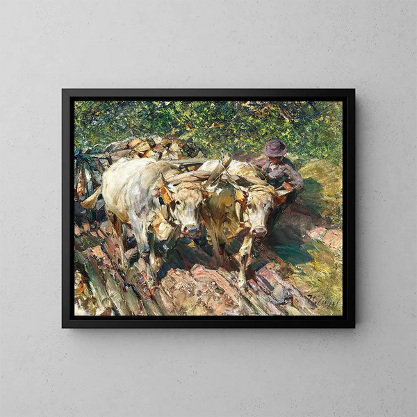 Two oxen pulling a cart in Bolzano Munich - Heinrich von Zügel — framed artwork on a wall