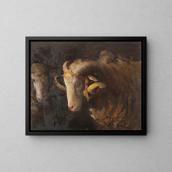 Head of ram and ewe mother - Heinrich von Zügel — framed artwork on a wall