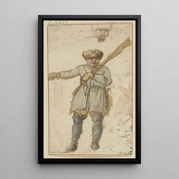 a hunter with a rifle and fur hat - Hendrick Avercamp — framed artwork on a wall