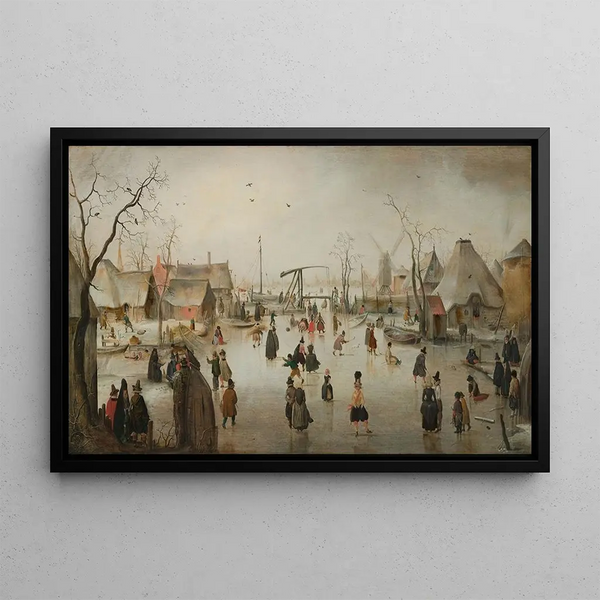 Ice skating in a village - Hendrick Avercamp — framed artwork on a wall