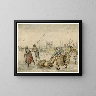 Landschap met winterse taferelen met twee vrouwen en een slee en andere figuren op het ijs, een galg op de achtergrond - Hendrick Avercamp — ingelijst kunstwerk aan de muur