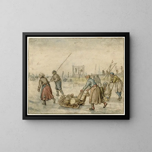 Winter landscape with two women and a sled and other figures on the ice, a gibbet in the distance - Hendrick Avercamp — framed artwork on a wall