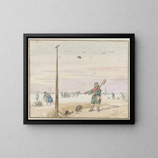 Winter landscape painting with a duck hunter, game at his belt and his gun on his shoulder, by a frozen river - Hendrick Avercamp — framed artwork on a wall
