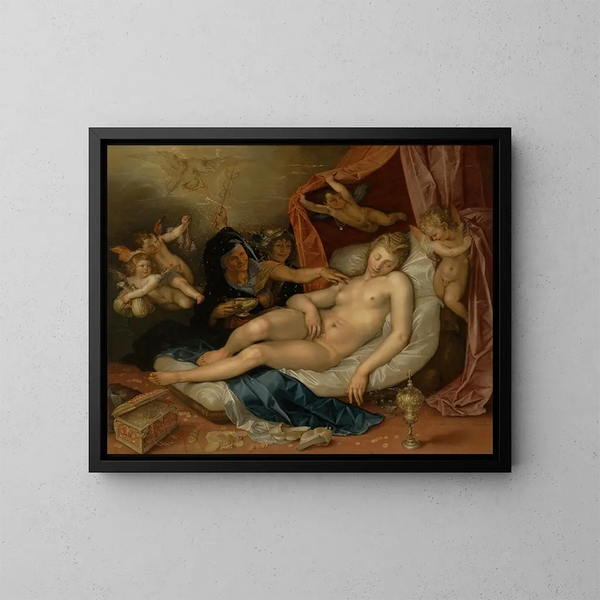 La Danaé endormie prête à recevoir Jupiter - Hendrick Goltzius — framed artwork on a wall