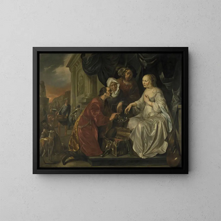 Rebecca ontvangt geschenken van de dienaar van Abraham - Hendrick Heerschop — ingelijst kunstwerk aan de muur