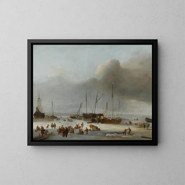 Ice skating on the docks in the East of Amsterdam - Hendrick Jacobsz Dubbels — framed artwork on a wall