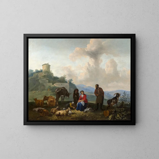 Familie van herders aan de voet van antieke ruïnes en Familie van herders aan de rand van een rivier - Hendrick Mommers — ingelijst kunstwerk aan de muur