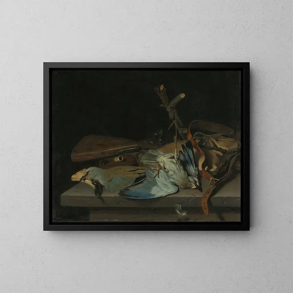 Still life with hunting tools and birds - Hendrick Ten Oever — framed artwork on a wall
