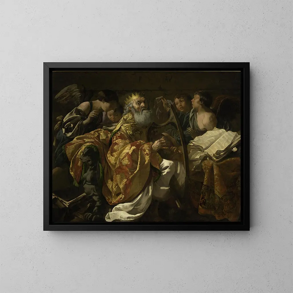 The King David Playing the Harp Among Angels - Hendrick Ter Brugghen — framed artwork on a wall