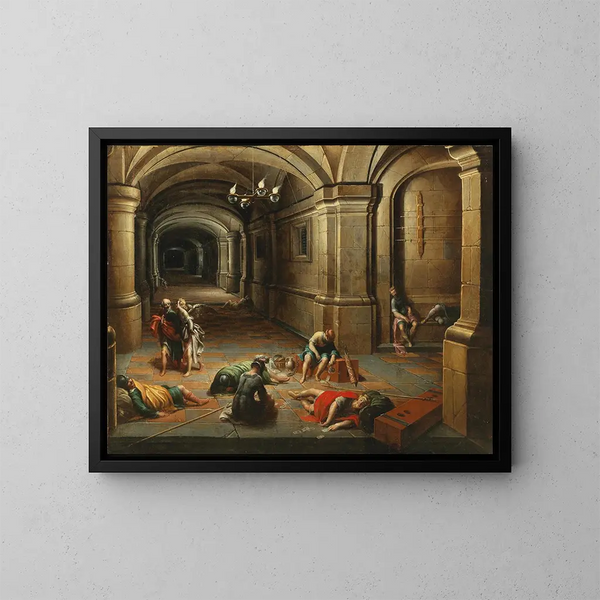Interior prison painting with the Liberation of Saint Peter - Hendrick van Steenwijck the Younger — framed artwork on a wall