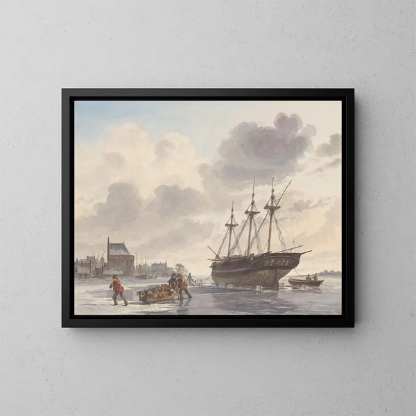 Boat in the ice on a river near a city - Hendrik Abraham Klinkhamer — framed artwork on a wall