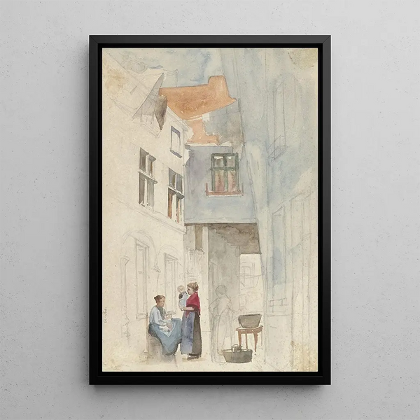 Vrouwen met een kind in een steeg - Hendrik Adriaan Christiaan Dekker — ingelijst kunstwerk aan de muur