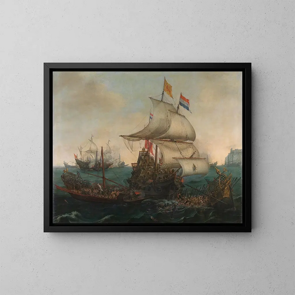 Dutch ships hitting Spanish galleys off the coast of England, October 3, 1602 - Hendrik Cornelisz Vroom — framed artwork on a wall