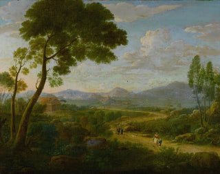 Uitgebreid landschapsschilderij met reizigers op een weg, Romeinse tempels op de achtergrond - Hendrik Frans van Lint — weergave van het kunstwerk