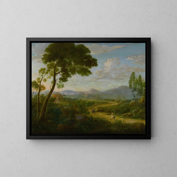 Extended landscape painting with travelers on a road, Roman temples beyond - Hendrik Frans van Lint — framed artwork on a wall