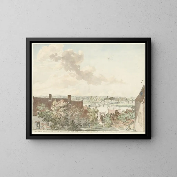 Uitzicht op Nijmegen met een boot op de rivier - Hendrik Hoogers — ingelijst kunstwerk aan de muur