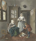 Binnenkant met een naaister, een dienstmeid en een jongen die speelt - Hendrik Jan van Amerom — weergave van het kunstwerk