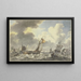 Stormachtige zee, vele schepen varen uit, rechts een vissersboot die een net binnenhaalt - Hendrik Kobell — ingelijst kunstwerk aan de muur