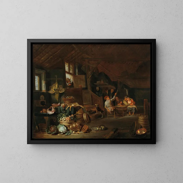 Interior kitchen painting with peasants feasting - Hendrik Martensz Sorgh — framed artwork on a wall