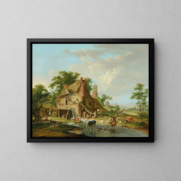 a water mill with farm animals and peasants in a landscape beyond - Hendrik Meijer — framed artwork on a wall