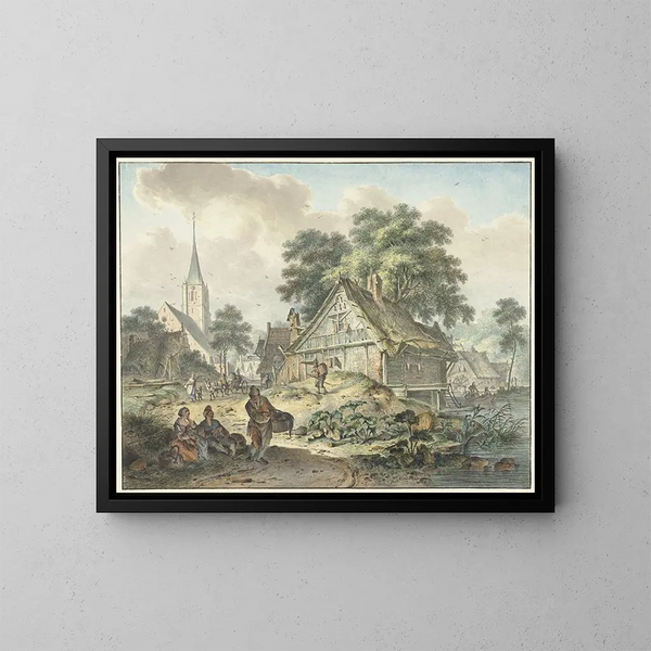 House in Ruins and Village Church - Hendrik Meijer — framed artwork on a wall