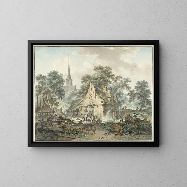 Watermill and village church painting - Hendrik Meijer — framed artwork on a wall
