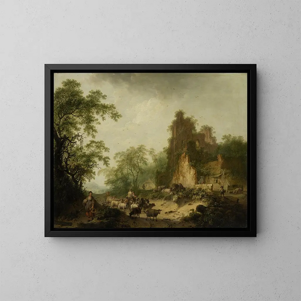 Landscape painting with a flock of sheep in front of a ruined peasant's hut - Hendrik Meyer — framed artwork on a wall