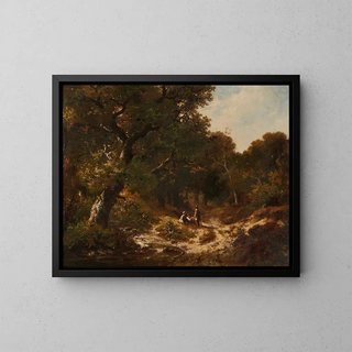 Figuren op een bosweg - Hendrik Pieter Koekkoek — ingelijst kunstwerk aan de muur