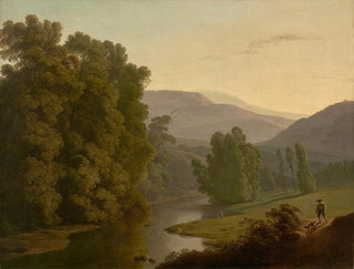Een landschap met figuren bij een rivier en bergen op de achtergrond - Hendrik Voogd — weergave van het kunstwerk