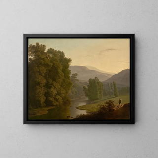 Een landschap met figuren bij een rivier en bergen op de achtergrond - Hendrik Voogd — ingelijst kunstwerk aan de muur