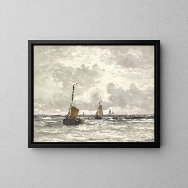 Fishing boats on the waves - Hendrik Willem Mesdag — framed artwork on a wall