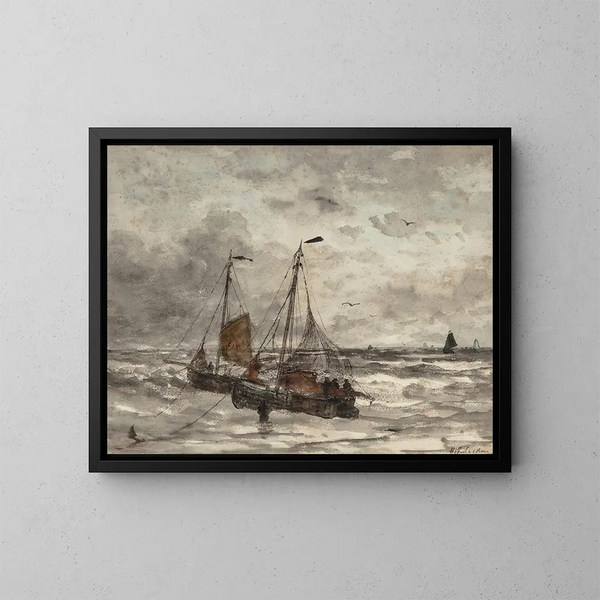 Fishing boats at anchor on a rough sea - Hendrik Willem Mesdag — framed artwork on a wall