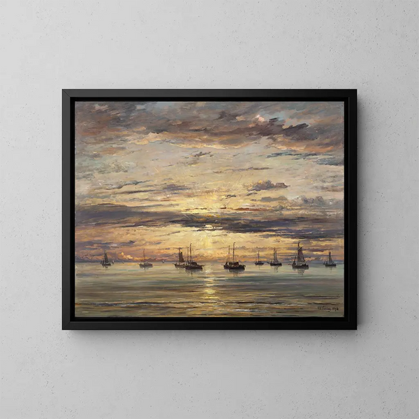 Sunset at Scheveningen, a fleet of fishing boats at anchor - Hendrik Willem Mesdag — framed artwork on a wall