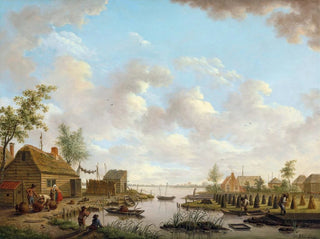 Landschapschilderij met vissers en boeren die turf uit een moeras halen - Hendrik Willem Schweickhardt — weergave van het kunstwerk