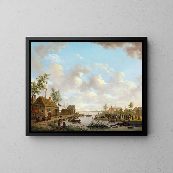 Landscape painting with fishermen and farmers extracting peat in a marsh - Hendrik Willem Schweickhardt — framed artwork on a wall