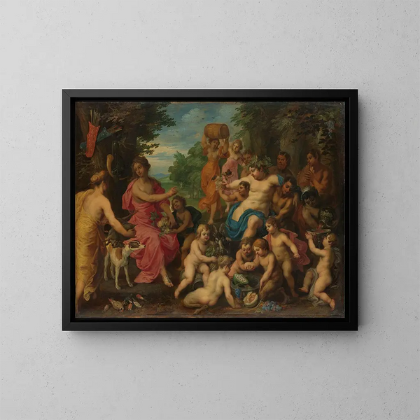 Diane offering wine and fruits to Bacchus and his retinue - Hendrik van Balen — framed artwork on a wall