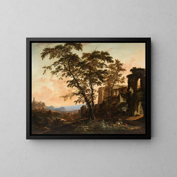 A vast Rhenish landscape with peasants and animals resting in the shade of Romanesque ruins - Hendrik van Minderhout — framed artwork on a wall