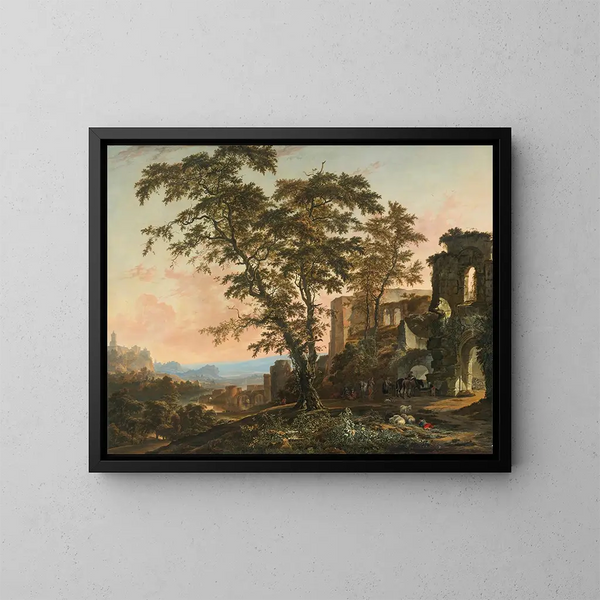 Rhein landscape painting extended with peasants and animals resting in the shade of Romanesque ruins - Hendrik van Minderhout — framed artwork on a wall