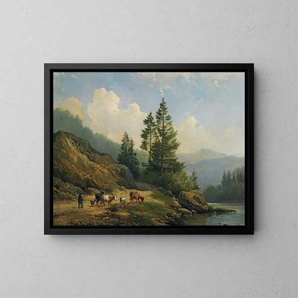 a herd of cattle in a mountainous landscape - Hendrikus van de Sande Bakhuyzen — framed artwork on a wall