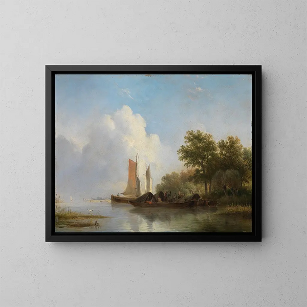 Bateaux et navires sur une rive boisée - Hendrikus van de Sande Bakhuyzen — framed artwork on a wall
